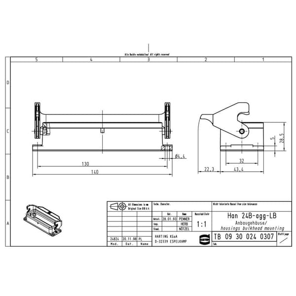 Monteringshölje Han® 24B-agg-LB 09300240307 Harting 1 st