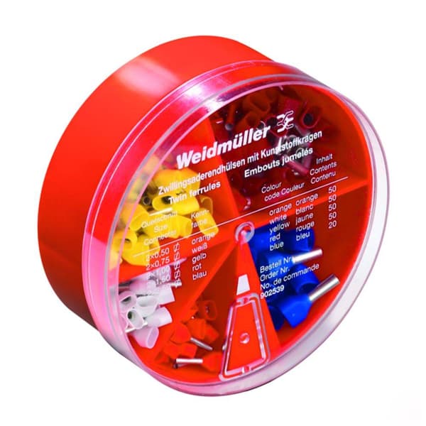 Weidmüller 9025390000 Dubbla ändhylsor sortiment 0.5 mm², 0.75 mm², 1 mm², 1.5 mm², 2.5 mm² Delisolerad Orange, Vit, Gu
