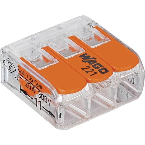 WAGO 221-413-50 221 Kopplingsklämma Flexibel: 0.14-4 mm² Styvhet: 0.2-4 mm² Antal poler: 3 50 st Transparent, Orange
