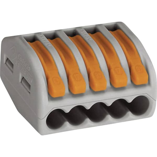 WAGO 222-415-40 222 Kopplingsklämma Flexibel: 0.08-4 mm² Styvhet: 0.08-2.5 mm² Antal poler: 5 40 st Grå, Orange