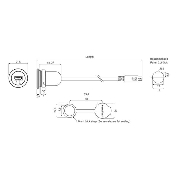 USB 2.0 micro-B-uttag Chassianslutning inbyggnad M16 1310-1013-01 encitech Innehåll: 1 st