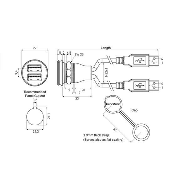 2x USB 2.0 typ A. Chassianslutning inbyggnad 1310-1028-02 M22 1310-1028-02 encitech Innehåll: 1 st