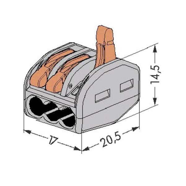 WAGO 222-413-50 222 Kopplingsklämma Flexibel: 0.08-4 mm² Styvhet: 0.08-2.5 mm² Antal poler: 3 50 st Grå, Orange