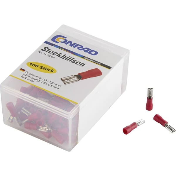 TRU COMPONENTS 745098 Flatstifthylsa Anslutningsbredd: 2.8 mm Anslutningstjocklek: 0.5 mm 180 ° Delisolerad Röd 100 st