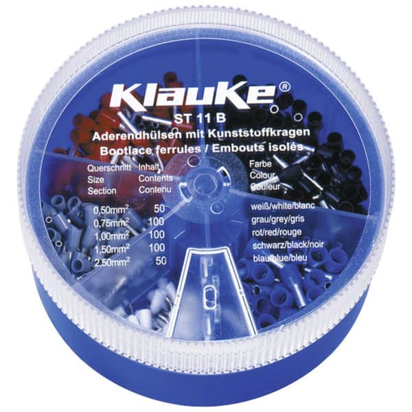 Klauke ST11B Ändhylsa sortiment 0.5 mm², 0.75 mm², 1 mm², 1.5 mm², 2.5 mm² Delisolerad Vit, Grå, Röd, Svart, Blå 400 de