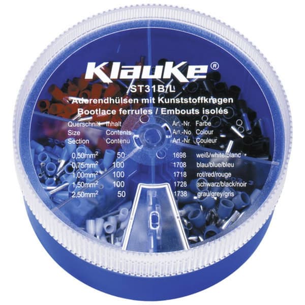 Klauke ST31B Ändhylsa sortiment 0.5 mm², 0.75 mm², 1 mm², 1.5 mm², 2.5 mm² Delisolerad Vit, Blå, Röd, Svart, Grå 400 de