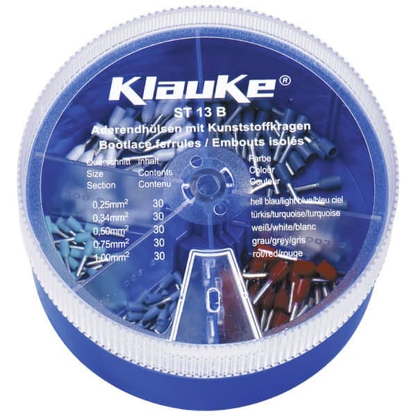 Klauke ST13B Ändhylsa sortiment 0.25 mm², 0.34 mm², 0.5 mm², 0.75 mm², 1 mm² Delisolerad Ljusblå, Turkos, Vit, Grå, Röd