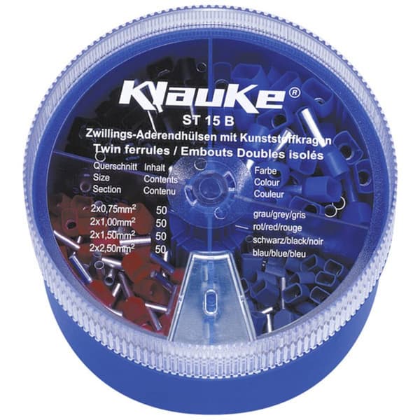 Klauke ST15B Dubbla ändhylsor sortiment 0.75 mm², 1 mm², 1.5 mm², 2.5 mm² Delisolerad Grå, Röd, Svart, Blå 200 delar