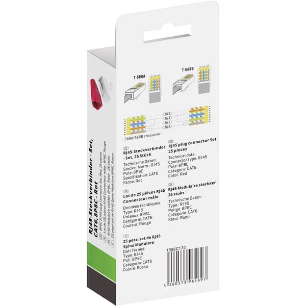 Quadrios RJ-45 kontaktdon set-CAT 6 1906C170 Kontakt hane rak Antal poler (RJ) 8P8C Röd 25 st