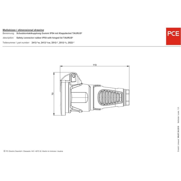 PCE 2522-sr Skarvuttag Massiv gummi, Termoplast 250 V Svart, Röd IP54
