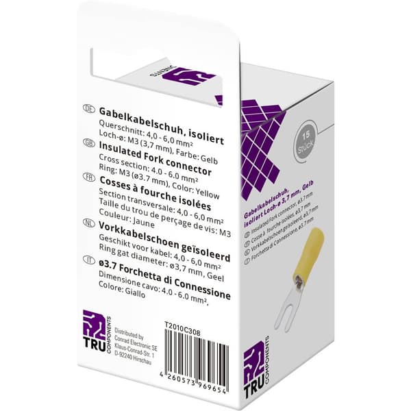 TRU COMPONENTS T2010C308 Gaffelkabelsko 4.0 mm² 6.0 mm² Hål-Ø=3.7 mm Delisolerad Gul 15 st