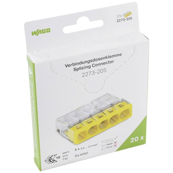 WAGO 2273-205 2273 Kopplingsklämma Flexibel: - Styvhet: 0.5-2.5 mm² Antal poler: 5 20 st Transparent, Gul