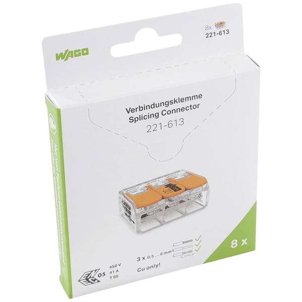 WAGO 221-613 221 Kopplingsklämma Flexibel: 0.5-6 mm² Styvhet: 0.5-6 mm² Antal poler: 3 8 st Transparent, Orange