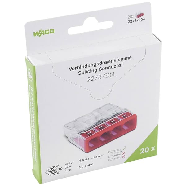 WAGO 2273-204 2273 Kopplingsklämma Flexibel: - Styvhet: 0.5-2.5 mm² Antal poler: 4 20 st Transparent, Röd