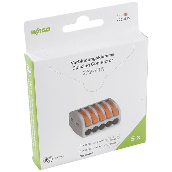 WAGO 222-415 222 Kopplingsklämma Flexibel: 0.08-4 mm² Styvhet: 0.08-2.5 mm² Antal poler: 5 5 st Grå, Orange
