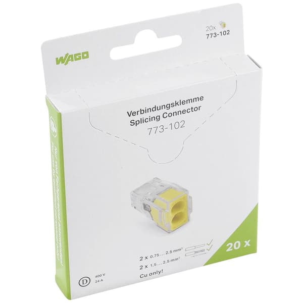 Kopplingsklämma Styvhet: 0.75-2.5 mm² Antal poler: 2 WAGO 20 st Transparent, Gul