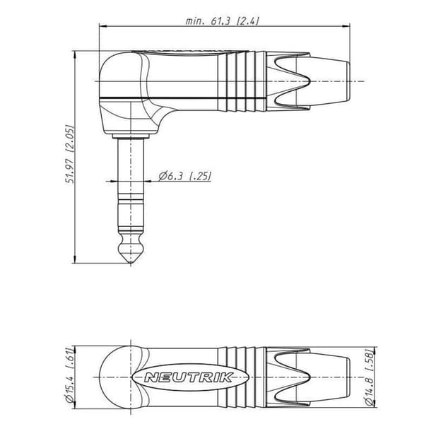 Neutrik NTR-NP2RX-BAG 6,35 mm Jack (m) stik / vinklet - metal - 2-polet / mono