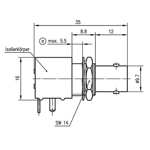 Telegärtner BNC panelstik til snoet kredsløb 50 Ohm, isoleret installation, med fastgørelsesstifter uden fastgørelsesskruer, loddestift 90°, Z04/Z34,