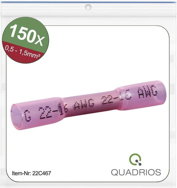 Quadrios 22C467 Butt Connector med krympslang 0,5 mm² 1,5 mm² Helt isolerad Röd 1 Set (22C467)