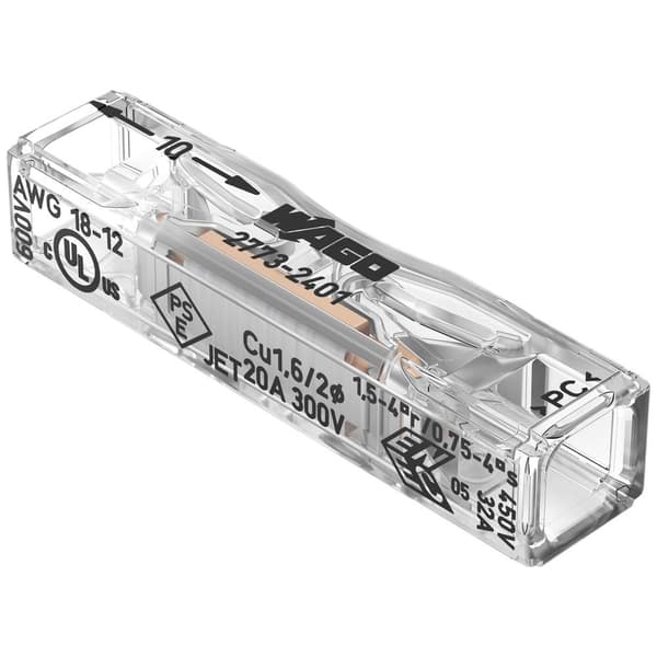 WAGO 2773-2401-100 Terminal med genomföring Flexibel: - Styvhet: 0.75-4 mm² Antal poler: 1 100 st Transparent