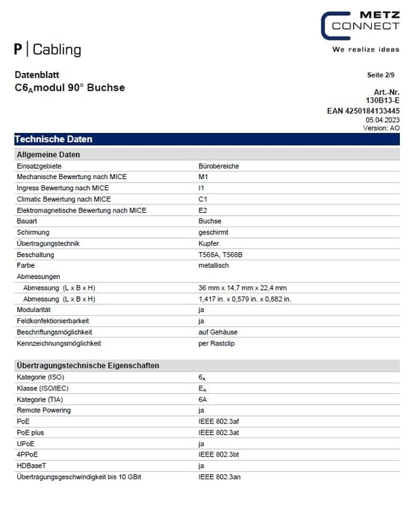 C6A modul 90° uttag METZ CONNECT 130B13-E