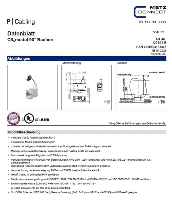 C6A modul 90° uttag METZ CONNECT 130B13-E