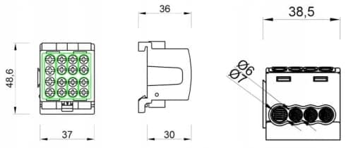 Fördelningsblock 1x25 3x16 blått för DIN-skena TH35 1x100A