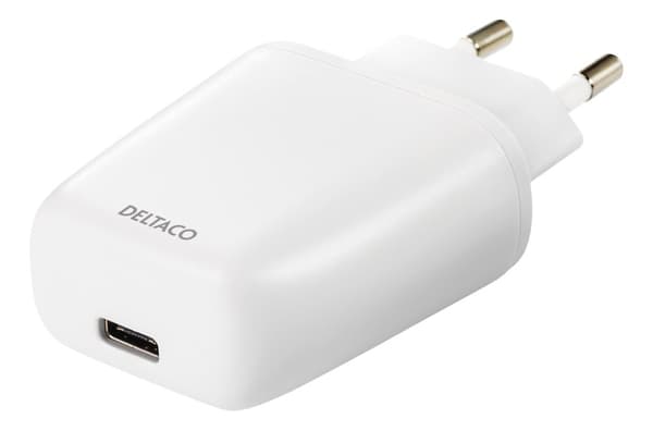 DELTACO seinälaturi 230V - 5V USB, 3A/15W, 1xUSB-C, muovipussi, valk.