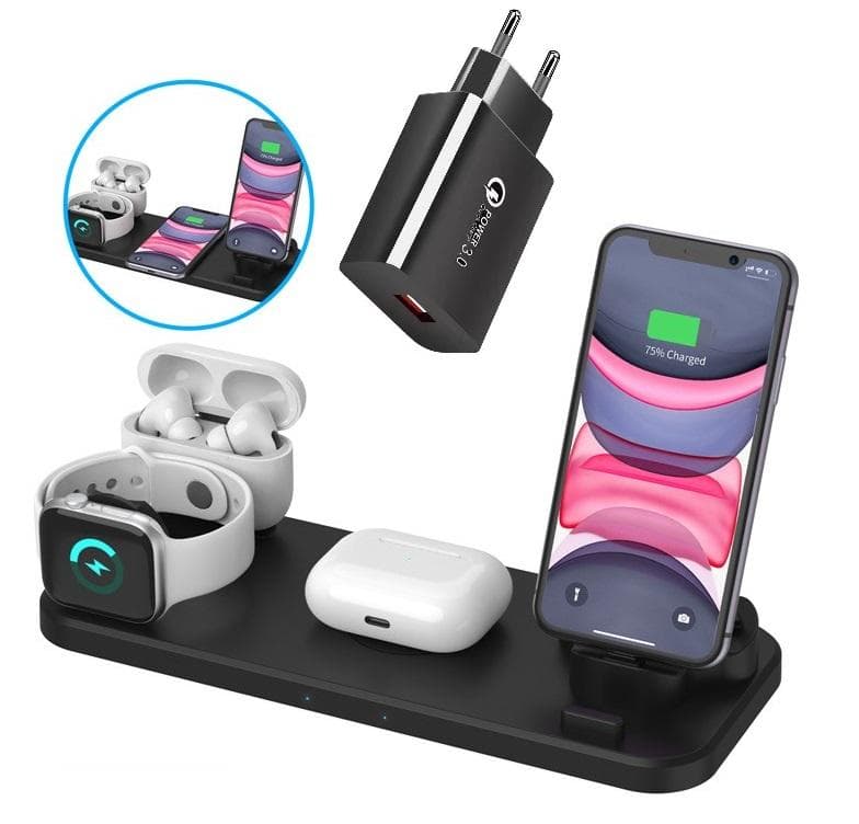 C4U® Qi trådløs opladningsstation 6i1 oplader 10W iWatch iPhone 12