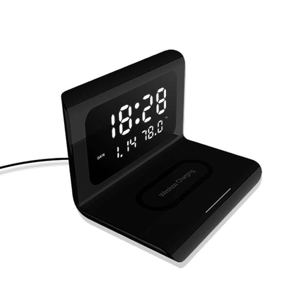 LED Väckarklocka med QI Trådlös Laddare - Svart