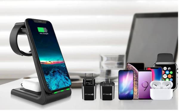 3 i 1 Trådlös bordsladdare, QI fastcharge, 15W, för mobil, hörlurar och smartwatch, 3i1