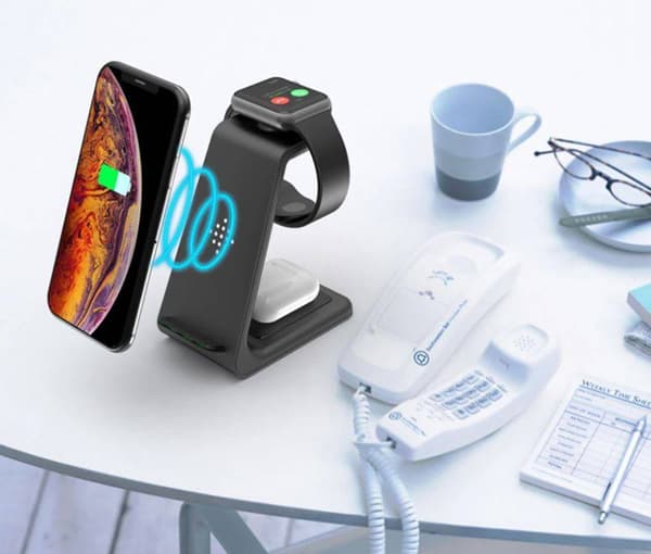 3 i 1 Trådlös bordsladdare, QI fastcharge, 15W, för mobil, hörlurar och smartwatch, 3i1