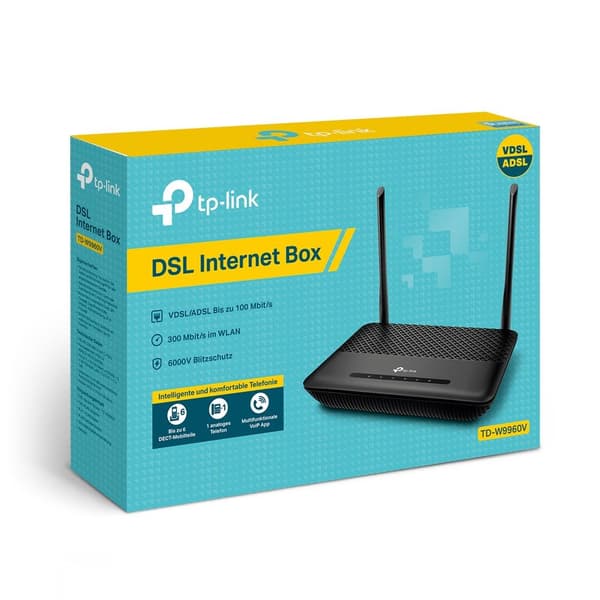 TP-Link TD-W9960v - Langaton reititin - DSL-modeemi - 4-porttinen kytkin - 802.11b/g/n - 2,4 GHz - VoIP-puhelinsovitin (DECT)