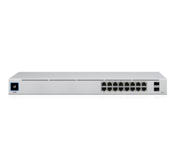 Kytkin UBIQUITI USW-16-POE (tyyppi L2, pöytäkone/jalusta, teline, 16x10Base-T / 100Base-TX / 1000Base-T, 2xSFP, PoE-portit 16) Hopea