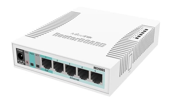 Vaihda css106-5g-1s (pöytäkone/jalusta, 5x10base-t / 100base-tx / 1000base-t, 1xsfp, css106-5g-1s), Mikrotik Valkoinen