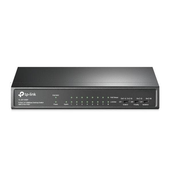 Switch tl-sf1009p (skrivbord/piedestal, 9x10base-t / 100base-tx, poe+ portar 8, tl-sf1009p), Tp-link Svart