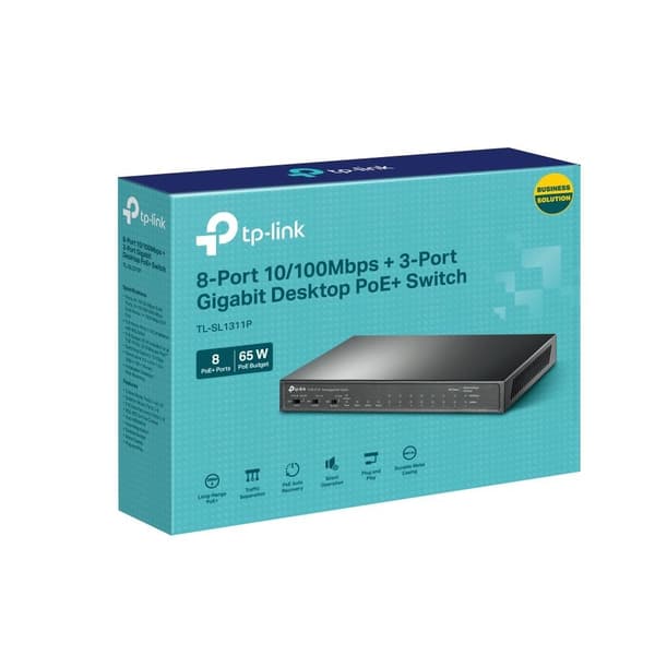 Switch tl-sl1311p (skrivbord/piedestal, 8x10base-t / 100base-tx, 1xsfp, 2xrj45, poe+ portar 8, 65 watt, tl-sl1311p), Tp-link