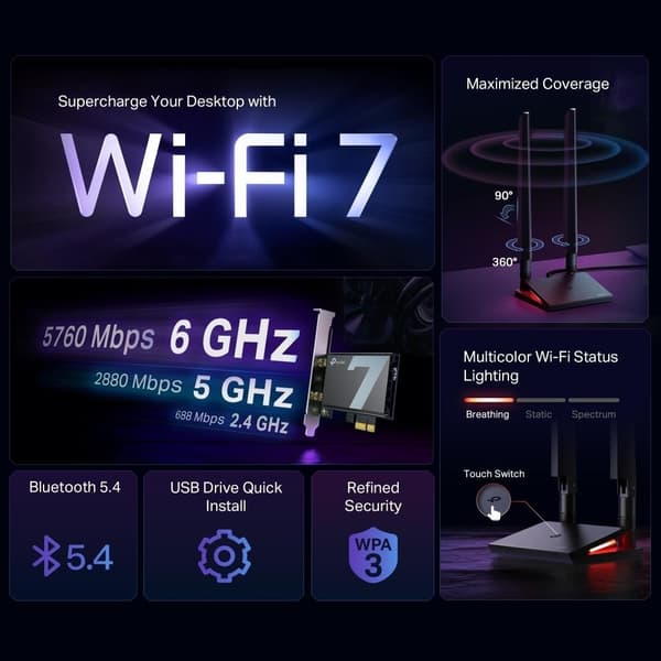 Wrl-adapter 9300mbps wi-fi 7/archer tbe550e, Tp-link