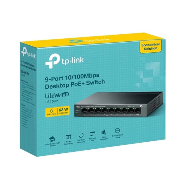 Switch ls109p (skrivebord/sokkel, 9x10base-t / 100base-tx, poe+ porter 8, ls109p), Tp-link