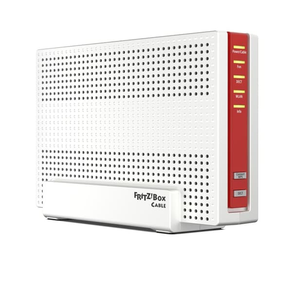 AVM Fritz!Box 6591 Kabel WLAN AC + N router (DOCSIS 3.1 kabelmodem, dobbelt WLAN Ac+N (MU-MIMO) med 1.733 (5 GHz) + 800 Mbit/S (2,4 GHz), VoIP telefon Rød, Hvid