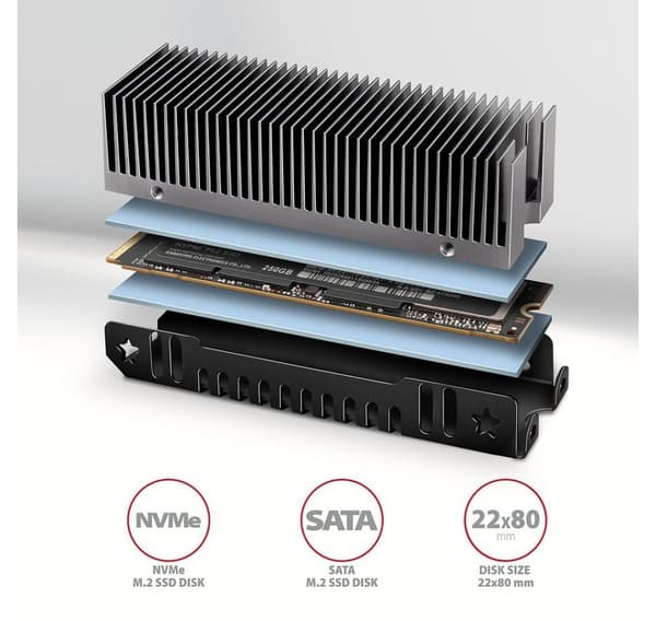 AXAGON, passiv kylare i aluminium för enkel- och dubbelsidiga M.2 SSD:er storlek 2280, höjd 24 mm, CLR-M2XT