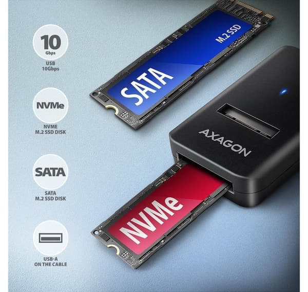 AXAGON, USB-A 10 Gbps - M.2 NVMe og SATA SSD Adapter, ADM2-AM