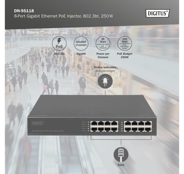 Digitus, 8-ports Gigabit Ethernet PoE-injektor, 802.3bt, 250 W, DN-95118