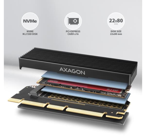 AXAGON, PCI-Express x16-adapter med kjøler for tilkobling av en NVMe M.2 SSD-stasjon til en datamaskin, PCEM2-XS