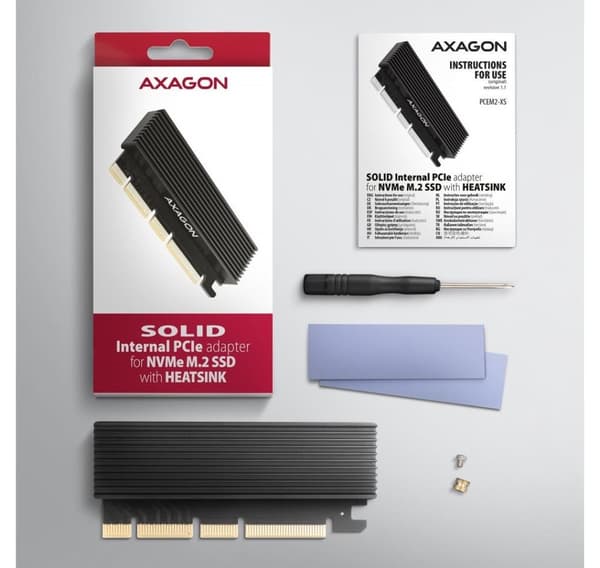 AXAGON, PCI-Express x16-adapter med kjøler for tilkobling av en NVMe M.2 SSD-stasjon til en datamaskin, PCEM2-XS