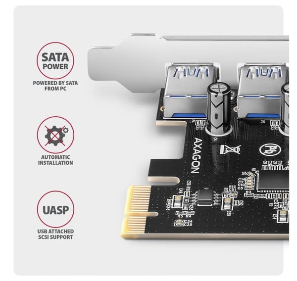 AXAGON, PCI-Express-kort med fire eksterne USB-A 5Gbps-porter, PCEU-430RS