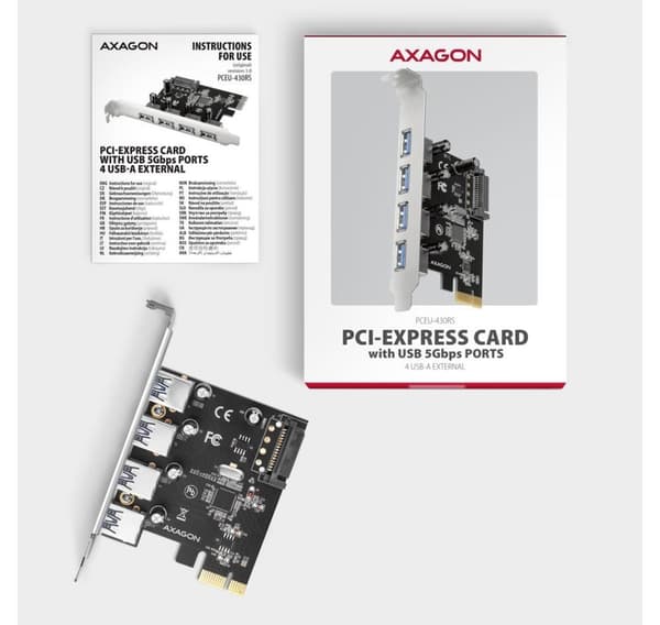AXAGON, PCI-Express-kort med fire eksterne USB-A 5Gbps-porter, PCEU-430RS