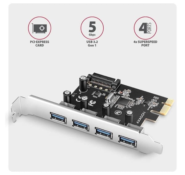 AXAGON, PCI-Express-kort med fire eksterne USB-A 5Gbps-porter, PCEU-430RS