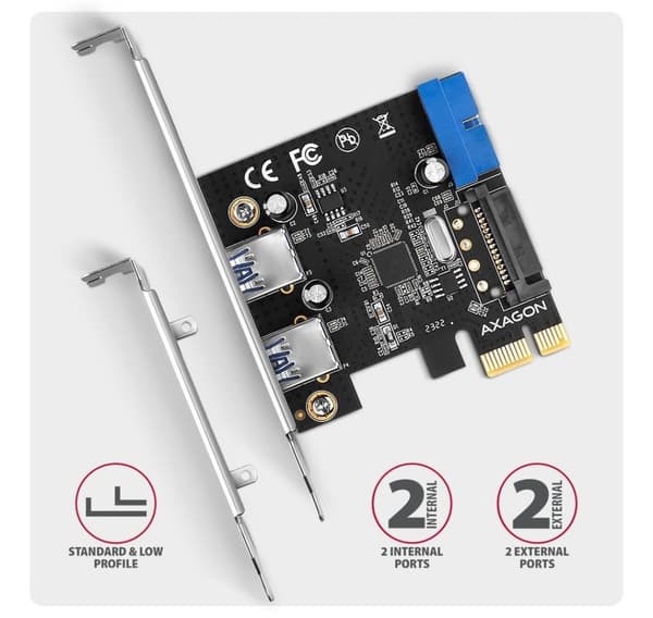AXAGON, PCI-Express-kort med ett par interna och ett par externa USB 5Gbps-portar, PCEU-232RS