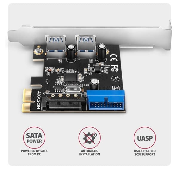 AXAGON, PCI-Express-kort med ett par interna och ett par externa USB 5Gbps-portar, PCEU-232RS